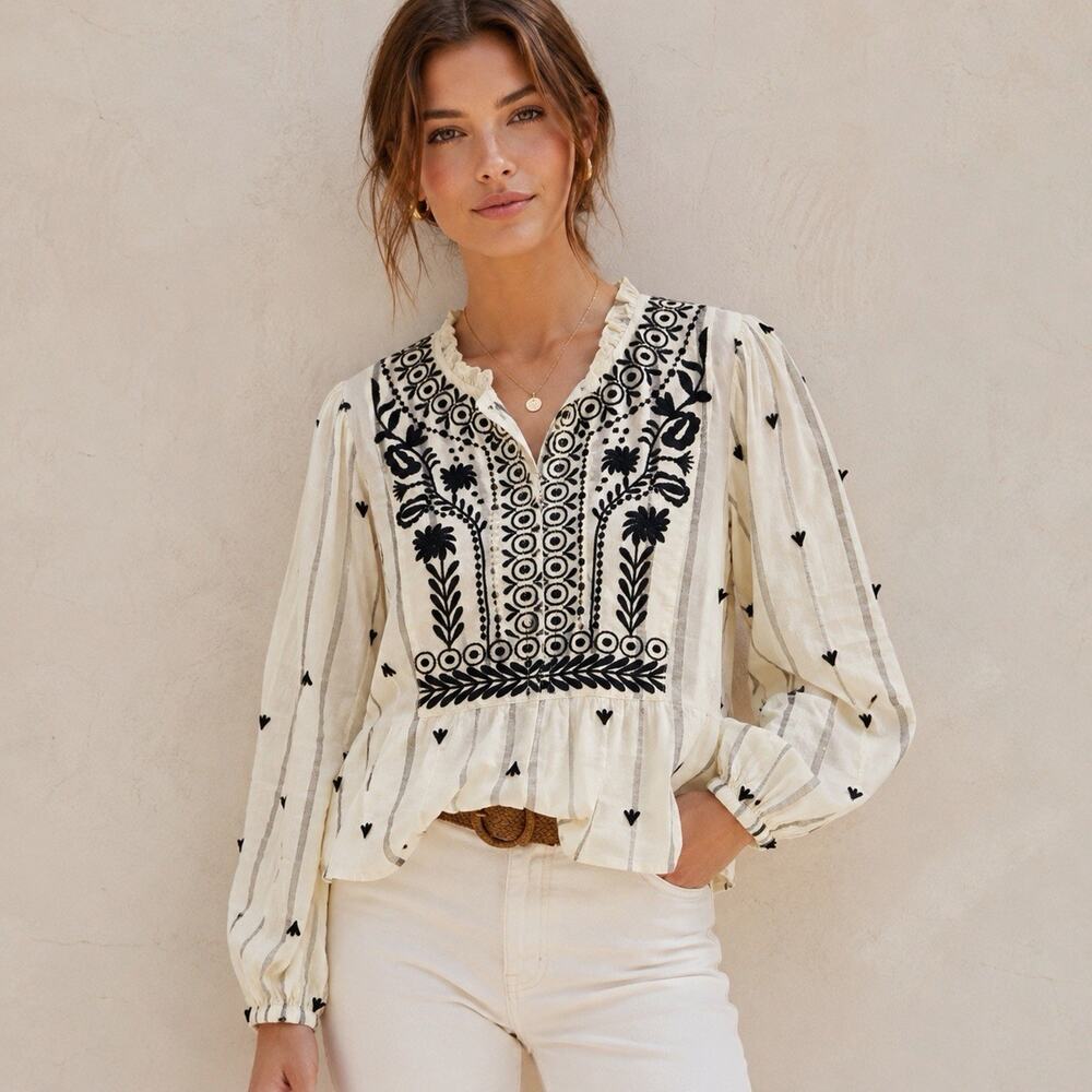 Summum Woman Embroidered Blouse Size 36 S Ivory Black Boho Peasant NWT $280